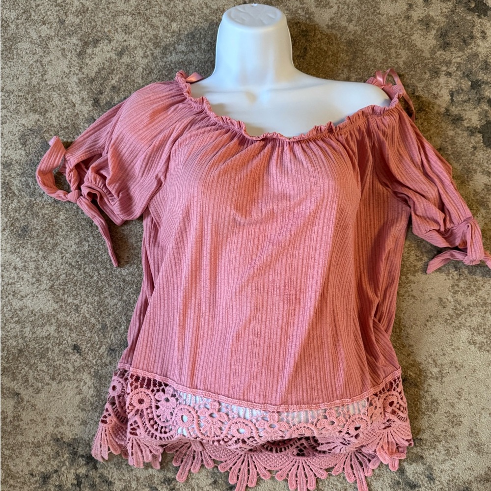Love J Dusty Rose Off-Shoulder Lace Blouse
